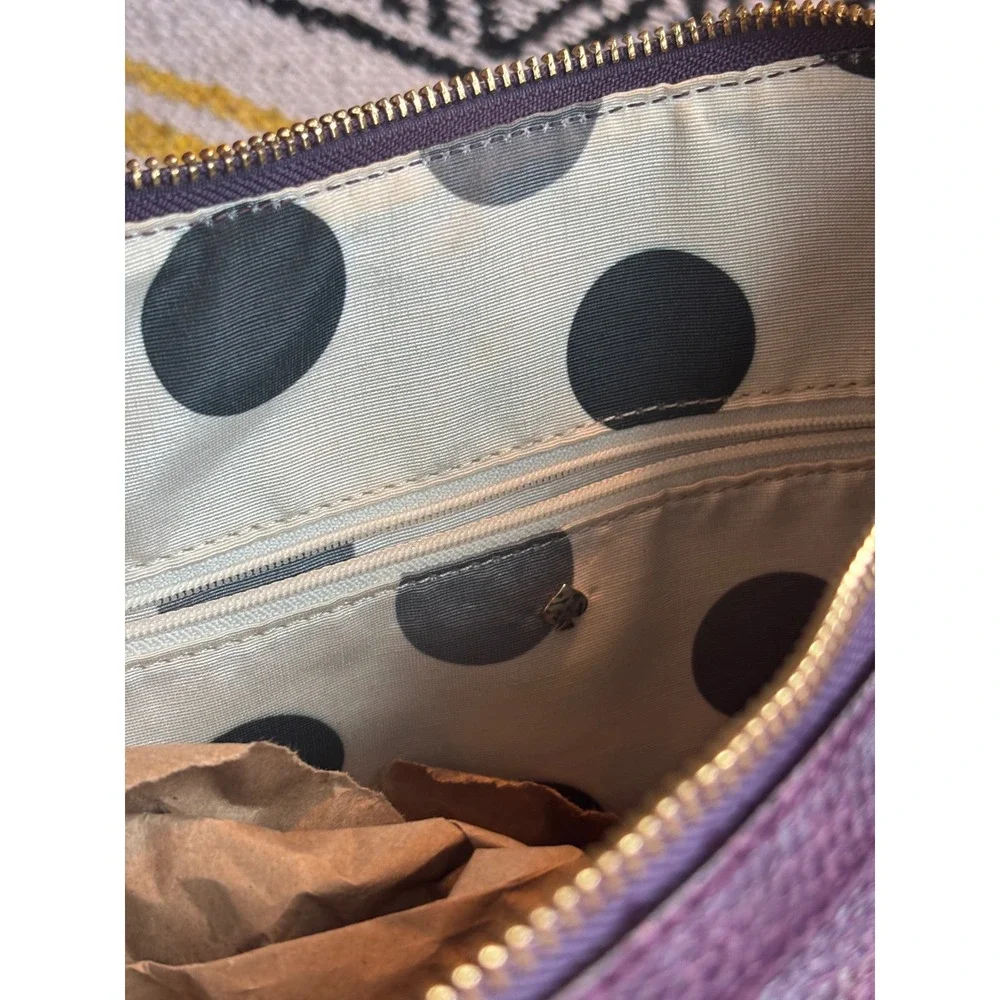 Kate Spade New York Pebbled Leather Hobo Shoulder Bag Purple Polka Dot Lining